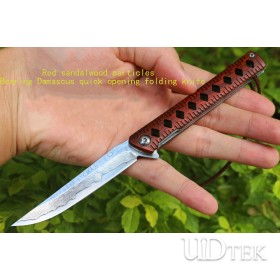  Red sandalwood particles Damascus quick-open bearing folding knife UD2105464